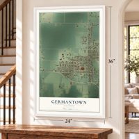 Germantown, Illinois map, 24 x 36 inch print in a white frame by a staircase