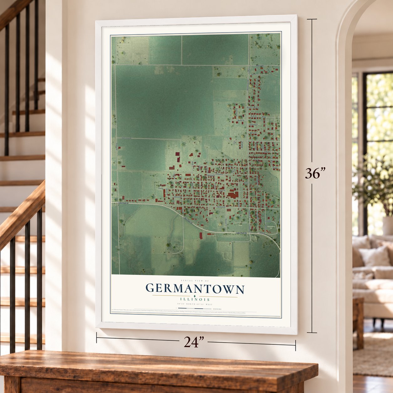 Germantown, Illinois map, 24 x 36 inch print in a white frame by a staircase