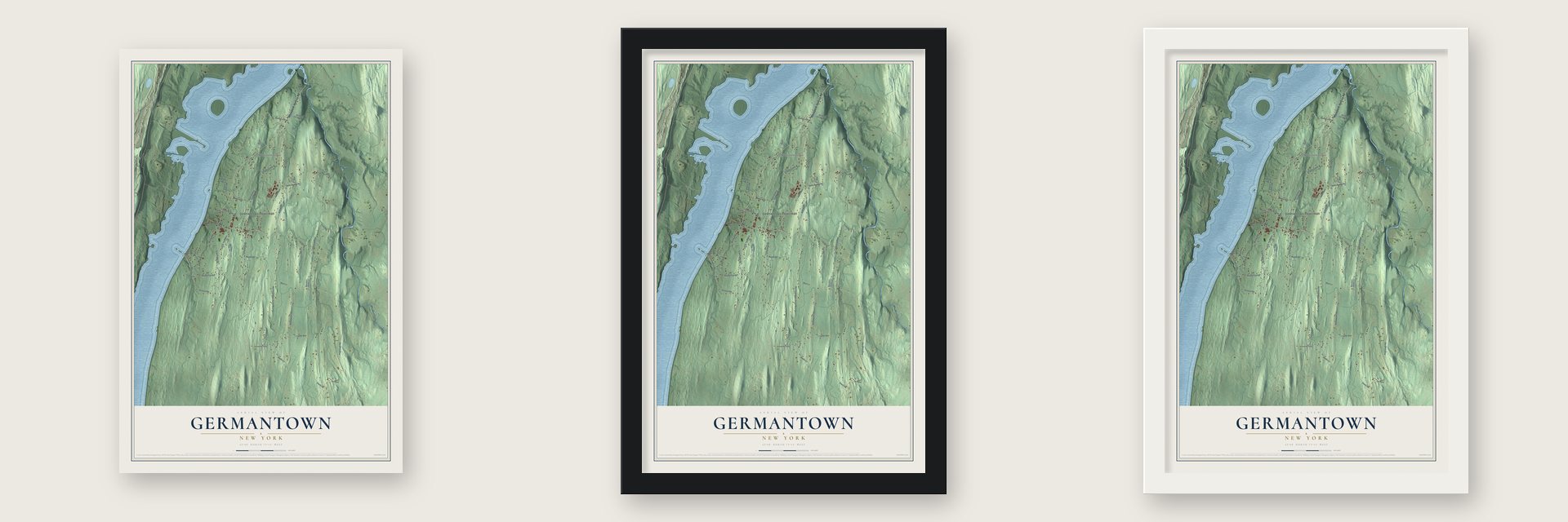 Germantown, New York map unframed, in a black wood frame and in a white wood frame