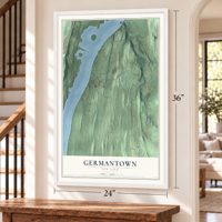 Germantown, New York map, 24 x 36 inch print in a white frame by a staircase