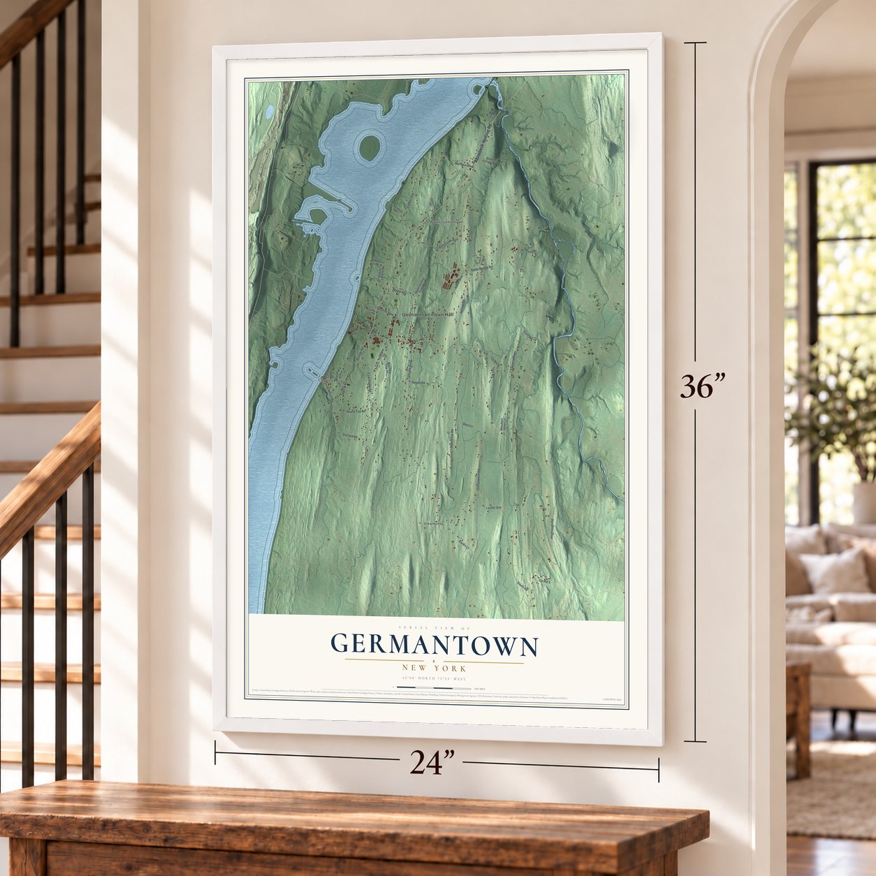 Germantown, New York map, 24 x 36 inch print in a white frame by a staircase