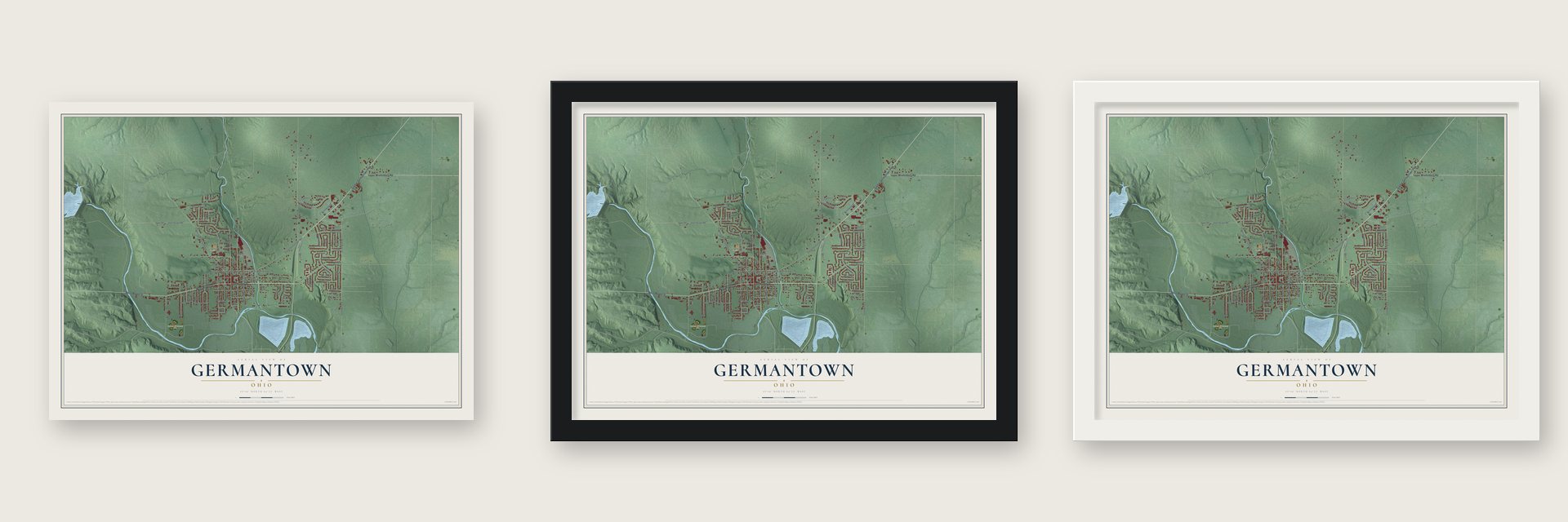 Germantown, Ohio map unframed, in a black wood frame and in a white wood frame