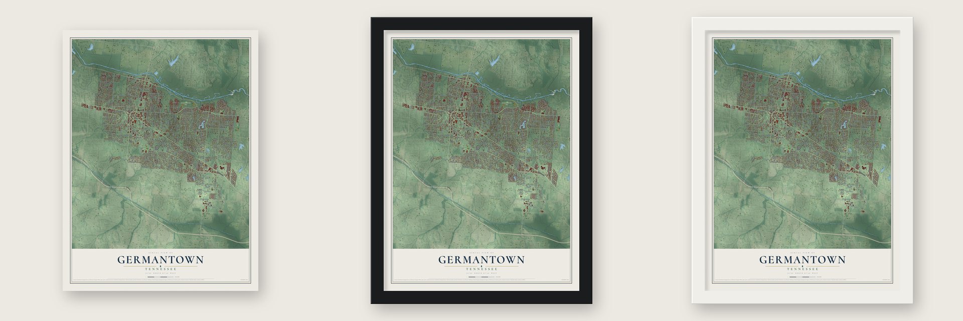 Germantown, Tennessee map unframed, in a black wood frame and in a white wood frame