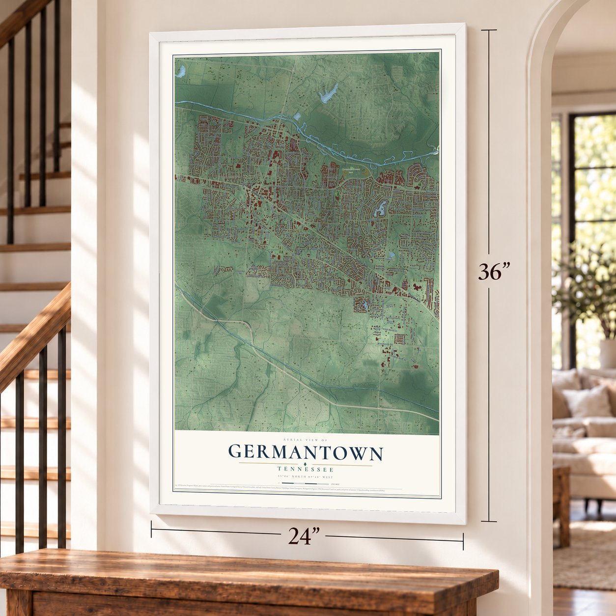 Germantown, Tennessee map, 24 x 36 inch print in a white frame by a staircase