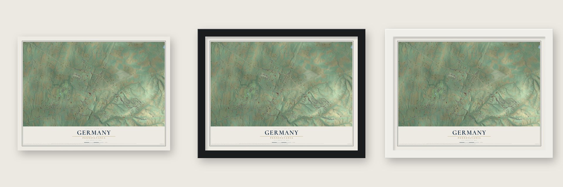 Germany, Pennsylvania map unframed, in a black wood frame and in a white wood frame