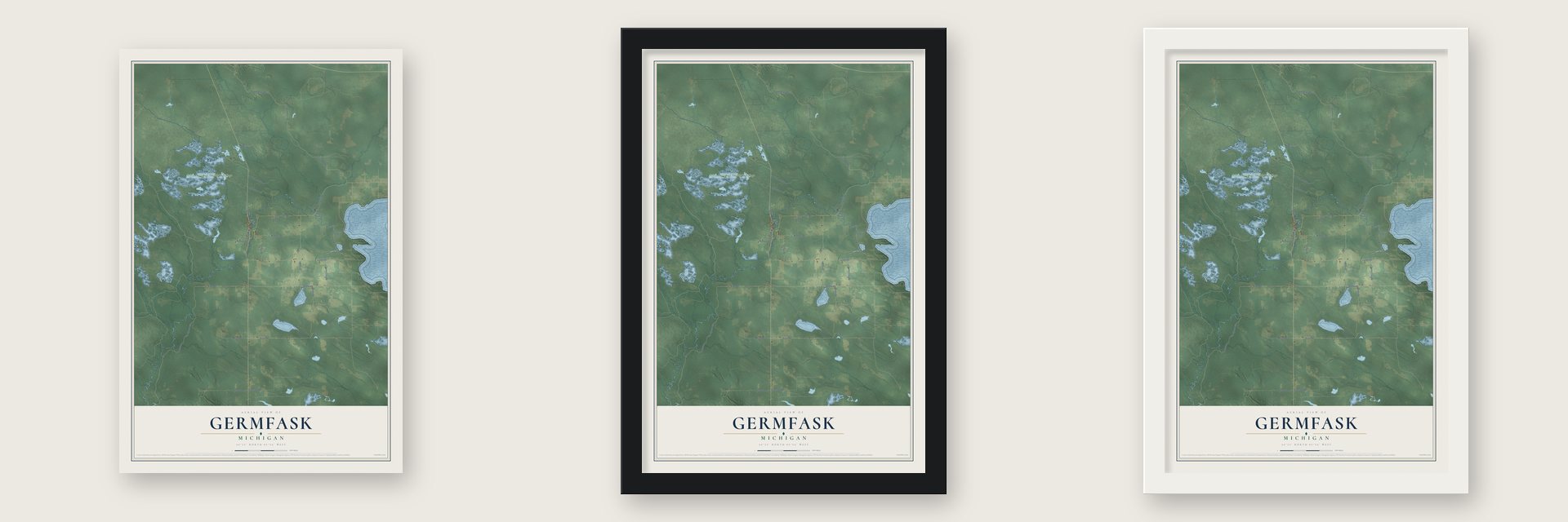 Germfask, Michigan map unframed, in a black wood frame and in a white wood frame