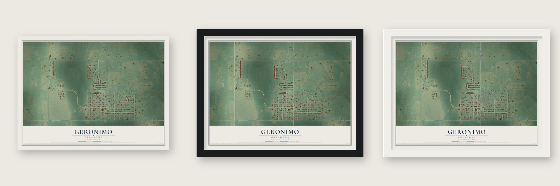 Geronimo, Oklahoma map unframed, in a black wood frame and in a white wood frame