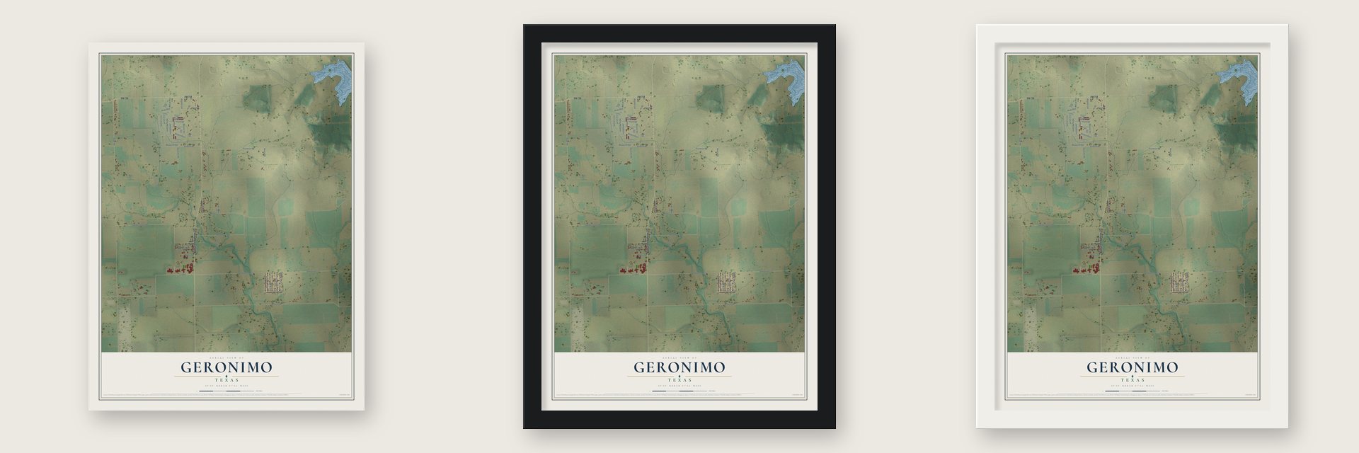 Geronimo, Texas map unframed, in a black wood frame and in a white wood frame