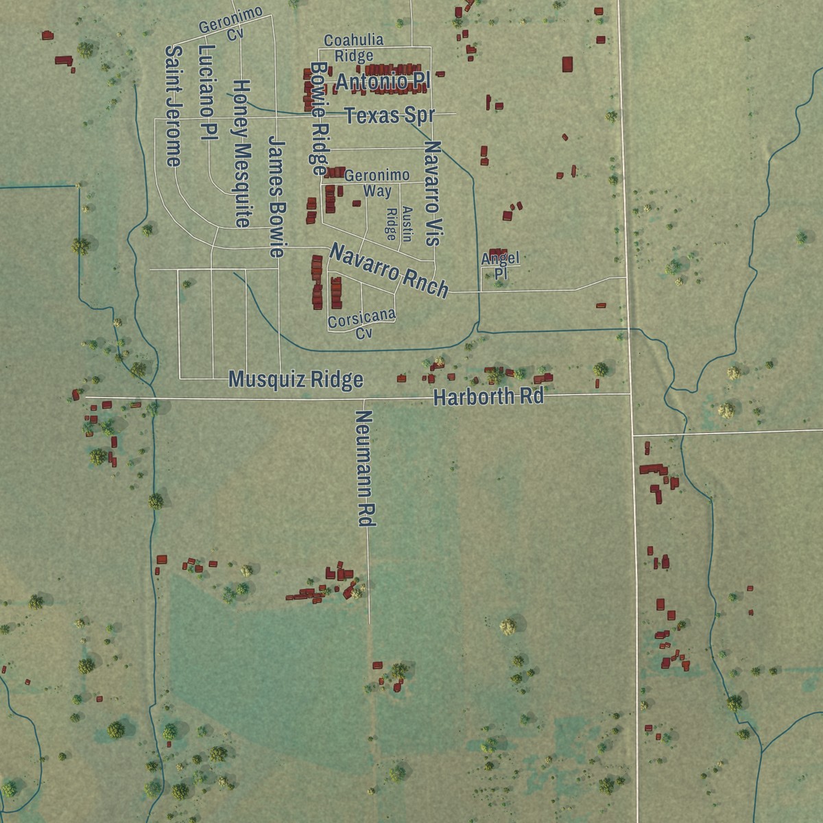 Second close-up of the map of Geronimo, Texas print showing more streets and buildings