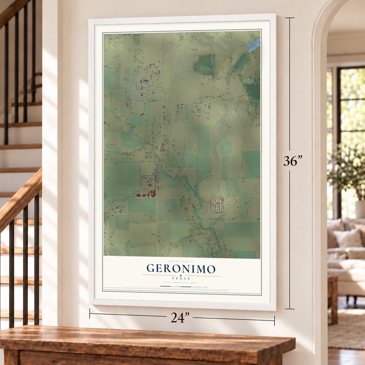 Geronimo, Texas map, 24 x 36 inch print in a white frame by a staircase