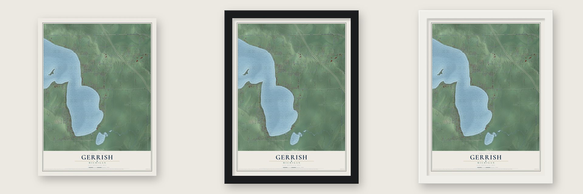 Gerrish, Michigan map unframed, in a black wood frame and in a white wood frame