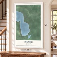 Gerrish, Michigan map, 24 x 36 inch print in a white frame by a staircase