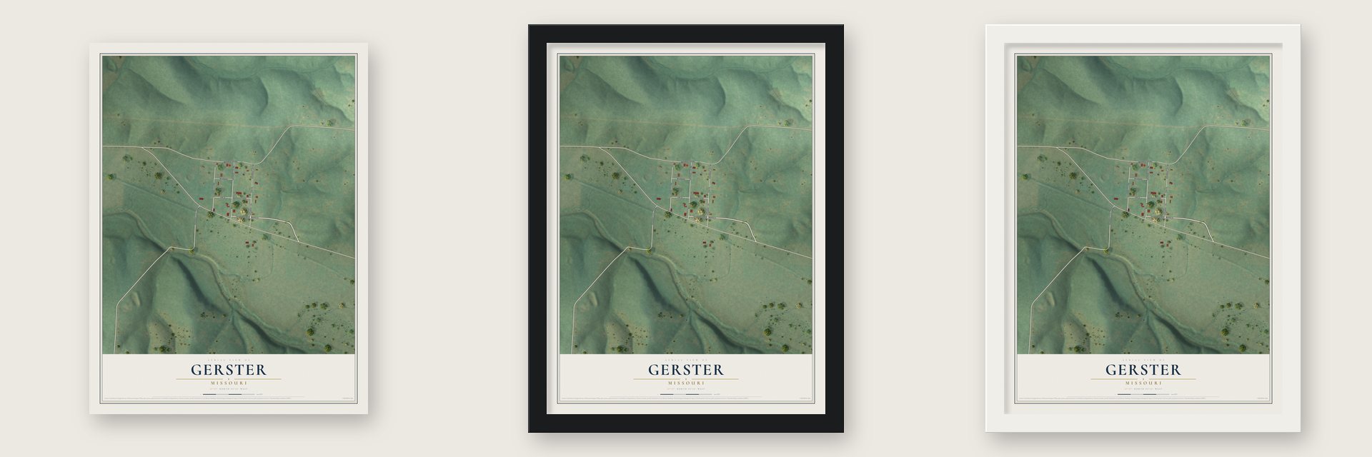 Gerster, Missouri map unframed, in a black wood frame and in a white wood frame