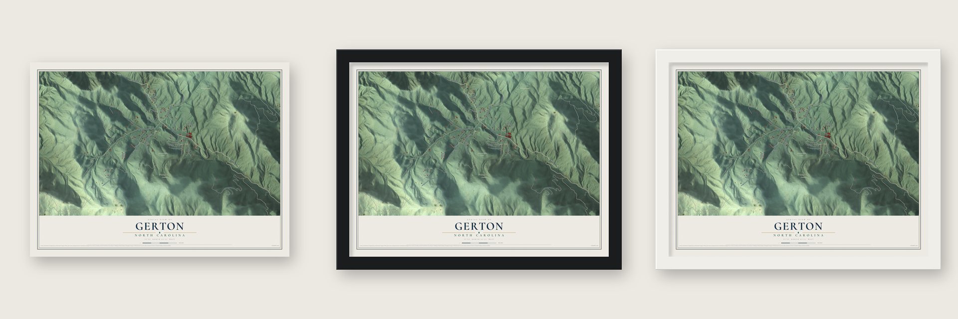 Gerton, North Carolina map unframed, in a black wood frame and in a white wood frame