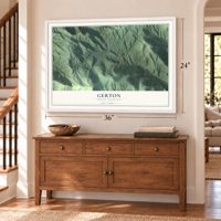 Gerton, North Carolina map, 24 x 36 inch print in a white frame above a dresser by a staircase