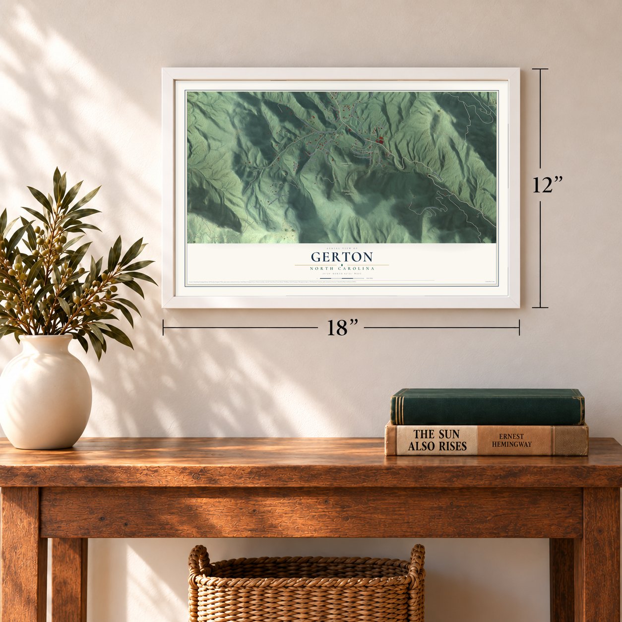 Gerton, North Carolina map, 12 x 18 inch print in a white frame in an entryway