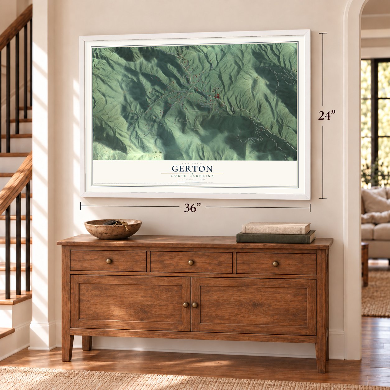 Gerton, North Carolina map, 24 x 36 inch print in a white frame above a dresser by a staircase