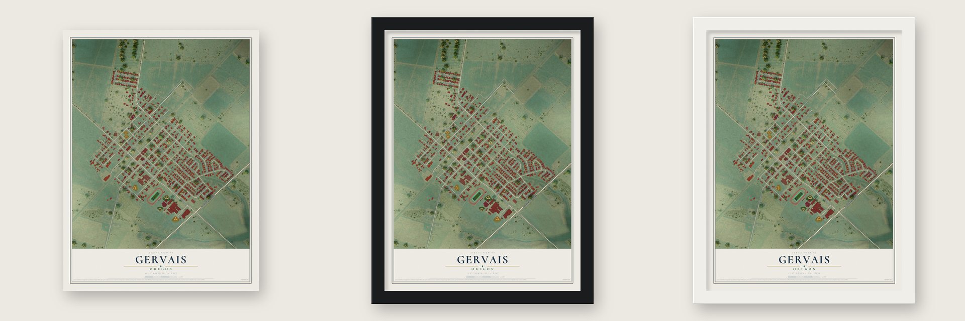 Gervais, Oregon map unframed, in a black wood frame and in a white wood frame