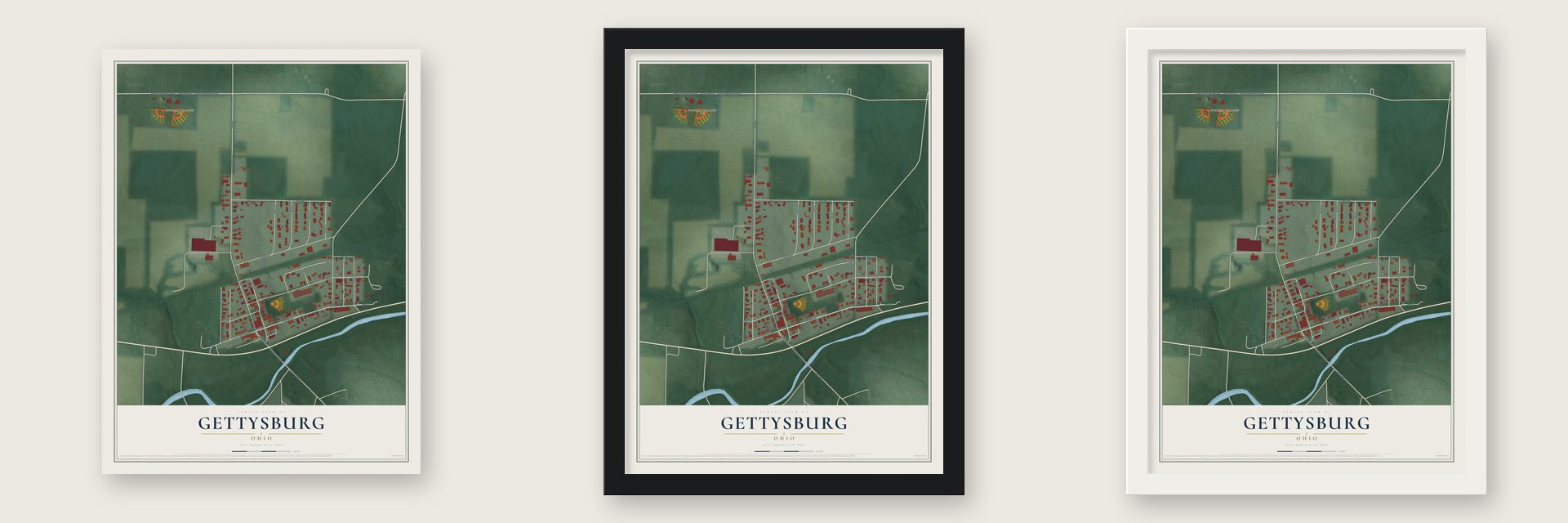 Gettysburg, Ohio map unframed, in a black wood frame and in a white wood frame