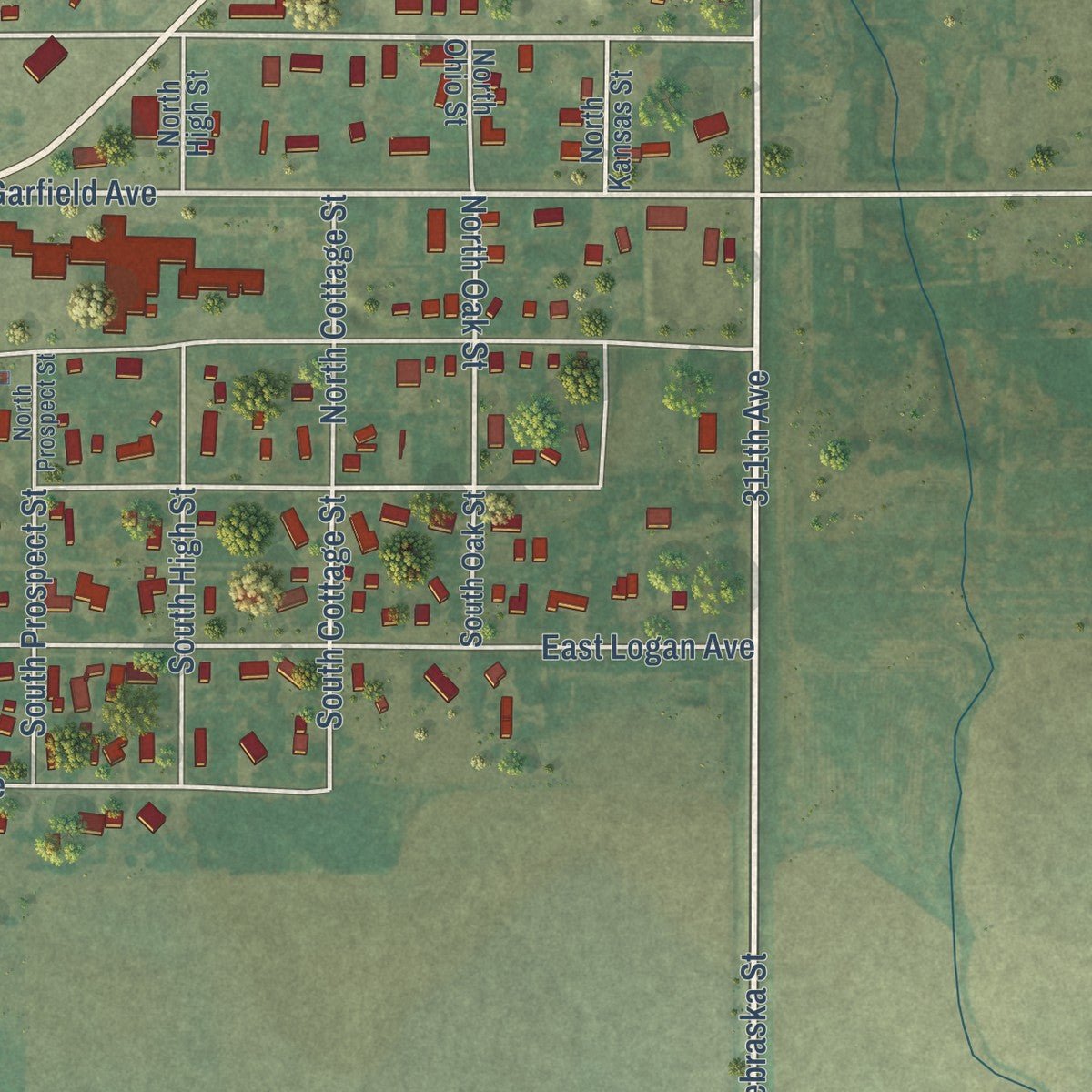 Second close-up of the map of Gettysburg, South Dakota print showing more streets and buildings