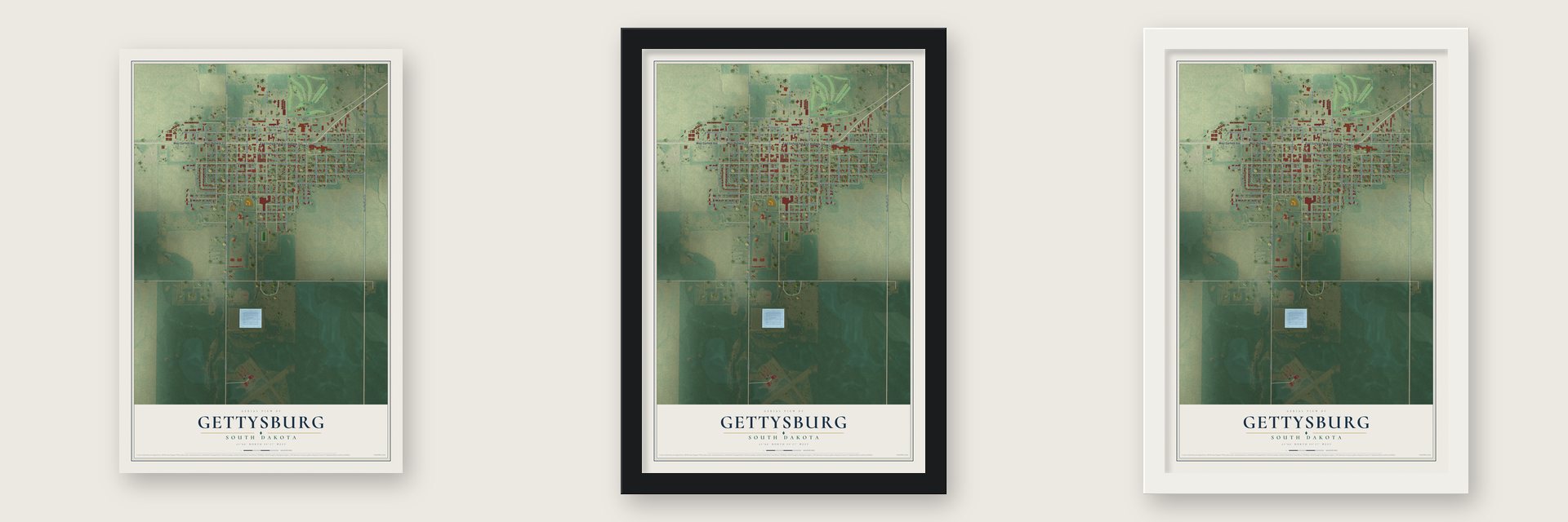 Gettysburg, South Dakota map unframed, in a black wood frame and in a white wood frame