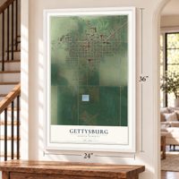 Gettysburg, South Dakota map, 24 x 36 inch print in a white frame by a staircase