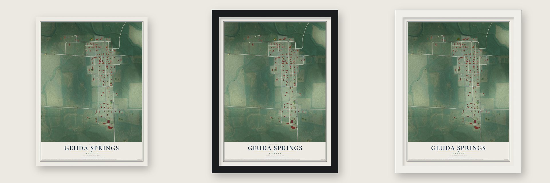 Geuda Springs, Kansas map unframed, in a black wood frame and in a white wood frame