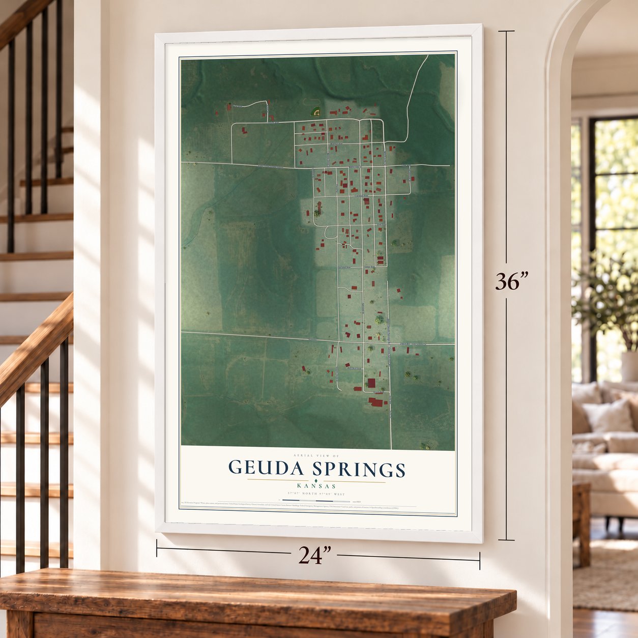 Geuda Springs, Kansas map, 24 x 36 inch print in a white frame by a staircase