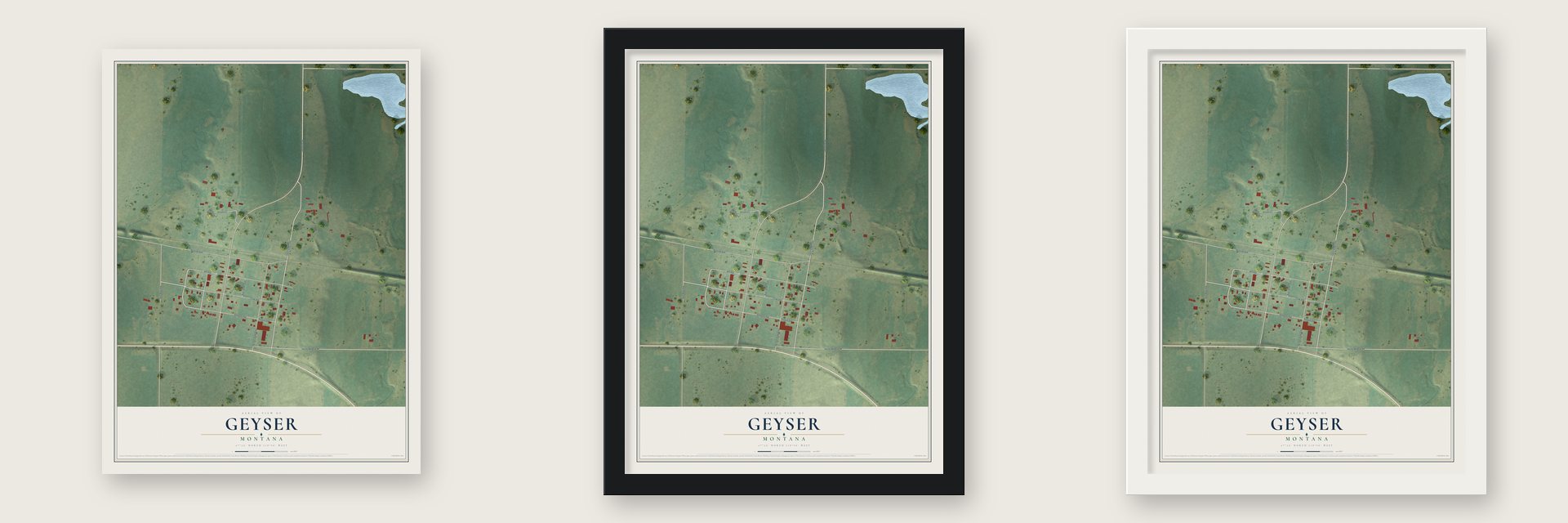 Geyser, Montana map unframed, in a black wood frame and in a white wood frame