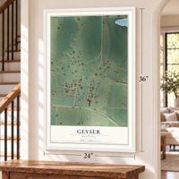 Geyser, Montana map, 24 x 36 inch print in a white frame by a staircase