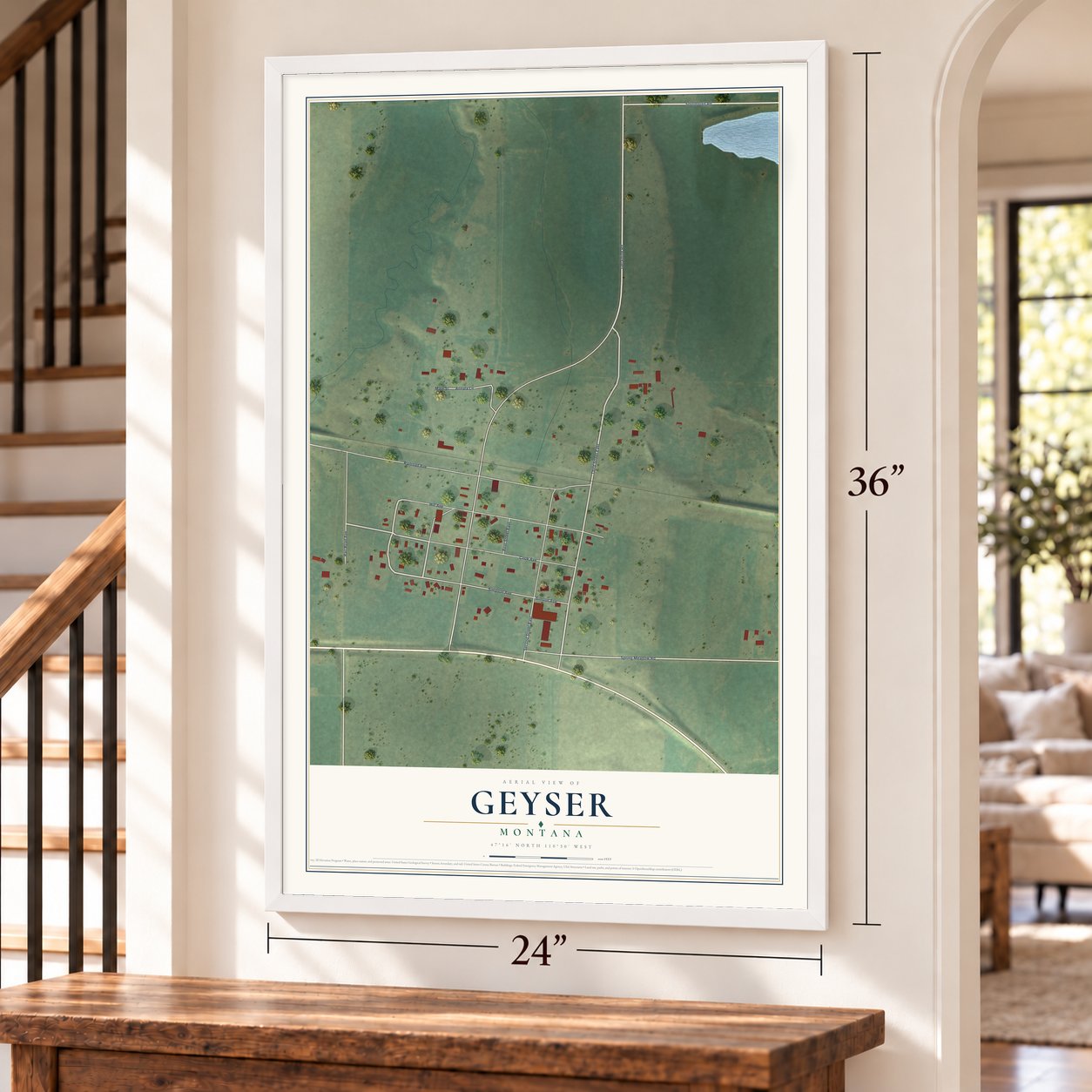 Geyser, Montana map, 24 x 36 inch print in a white frame by a staircase