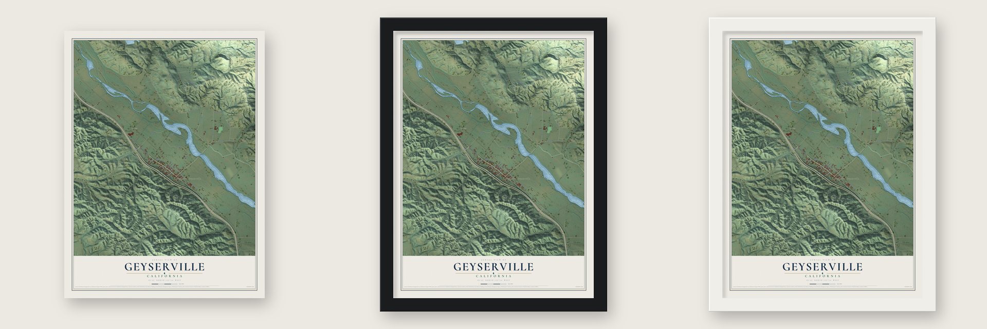 Geyserville, California map unframed, in a black wood frame and in a white wood frame