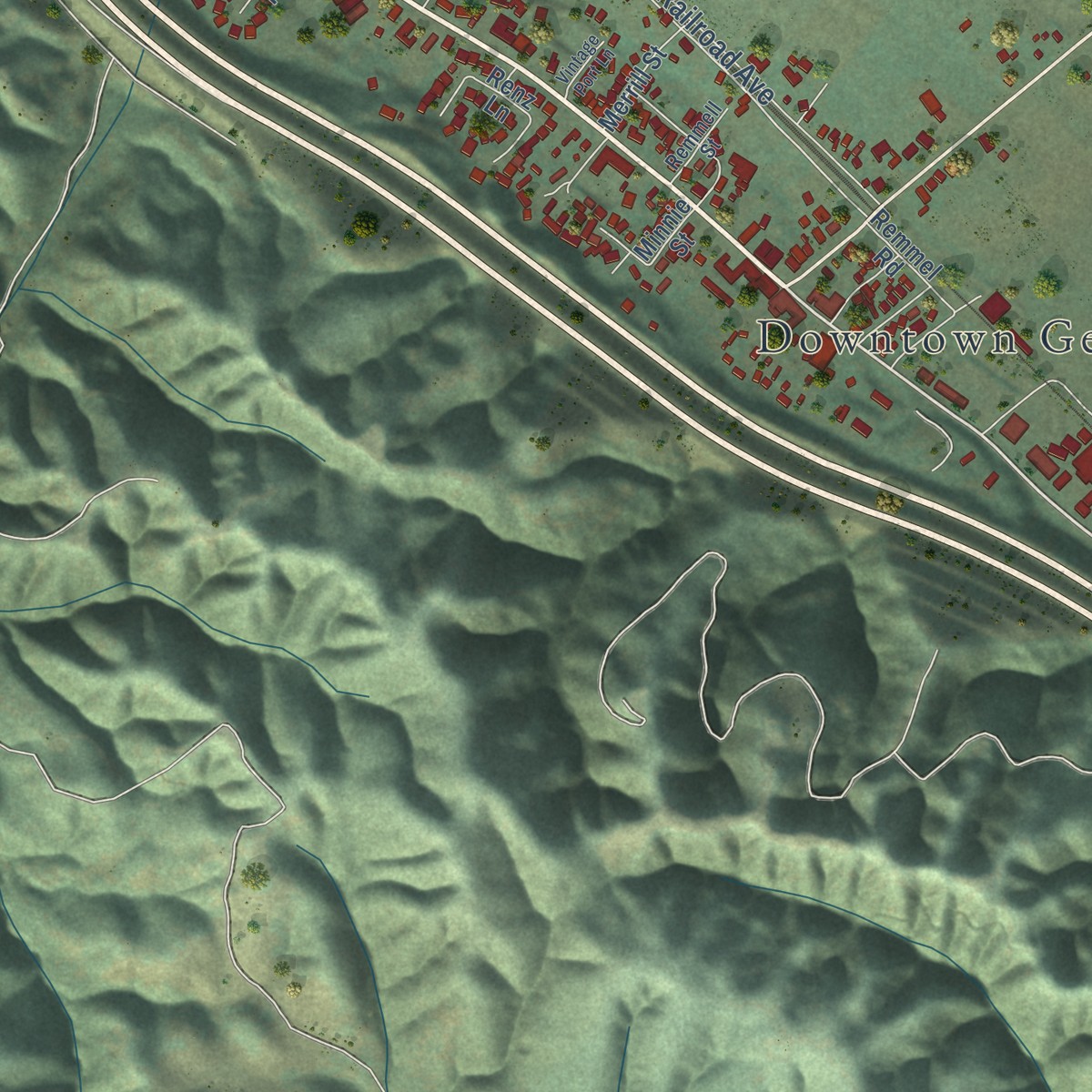 Second close-up of the map of Geyserville, California print showing more streets and buildings