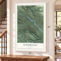 Geyserville, California map, 24 x 36 inch print in a white frame by a staircase