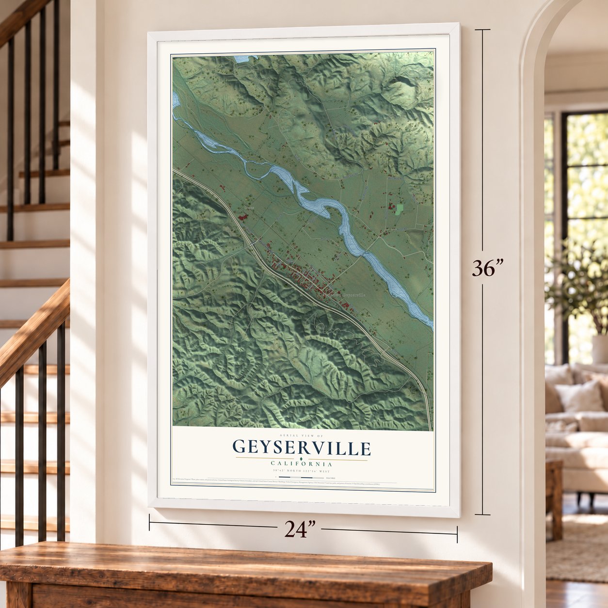 Geyserville, California map, 24 x 36 inch print in a white frame by a staircase