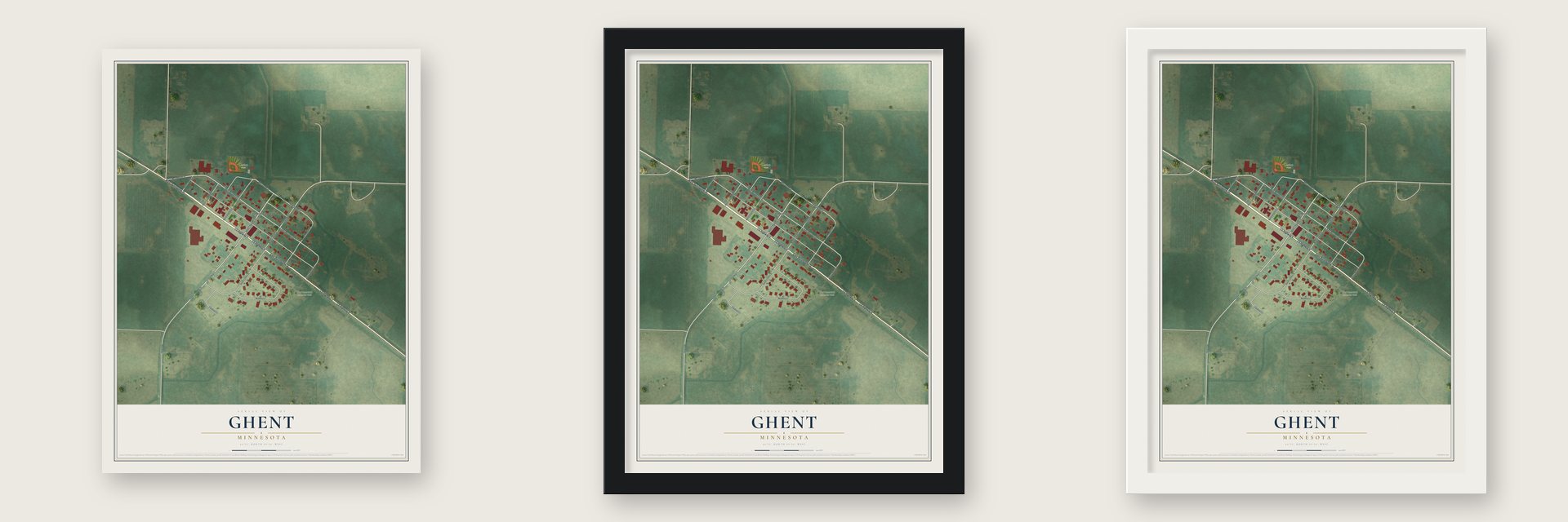Ghent, Minnesota map unframed, in a black wood frame and in a white wood frame