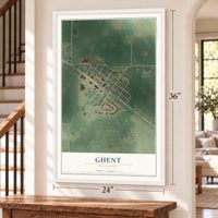 Ghent, Minnesota map, 24 x 36 inch print in a white frame by a staircase
