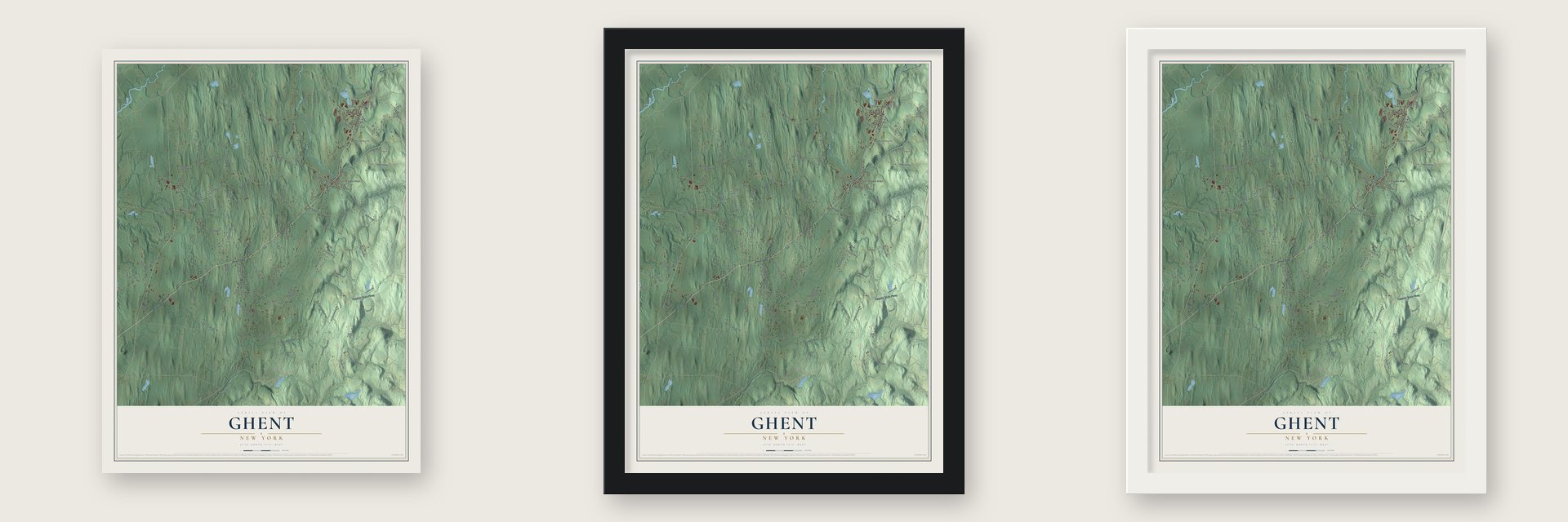 Ghent, New York map unframed, in a black wood frame and in a white wood frame