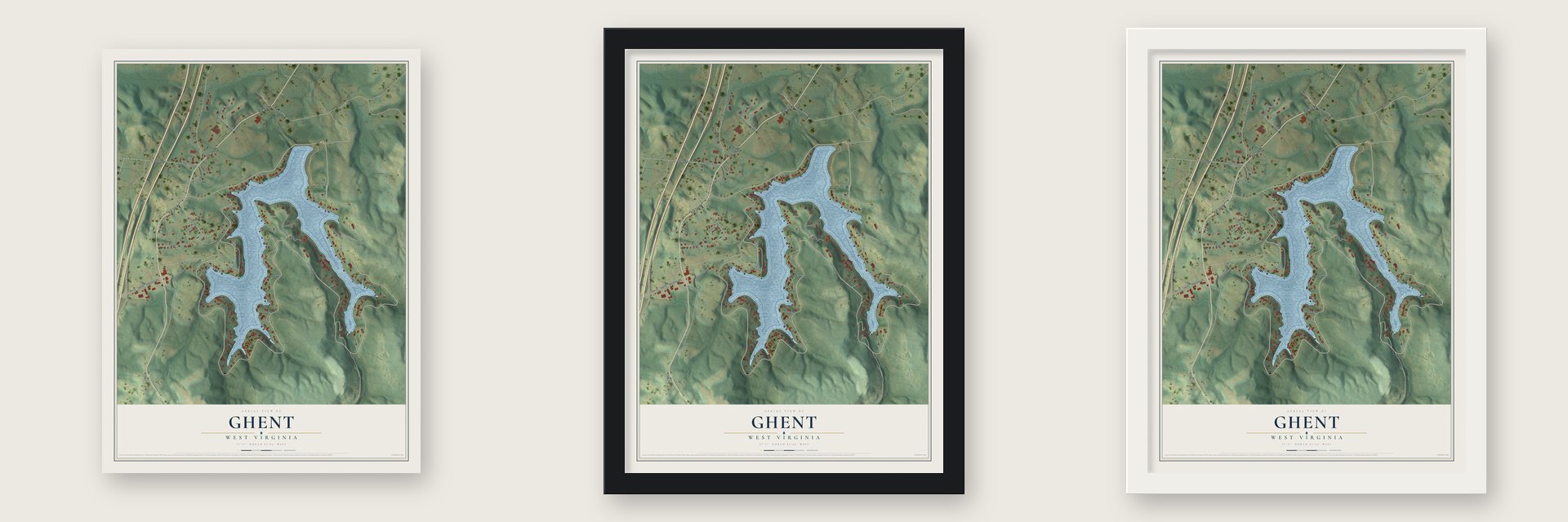 Ghent, West Virginia map unframed, in a black wood frame and in a white wood frame