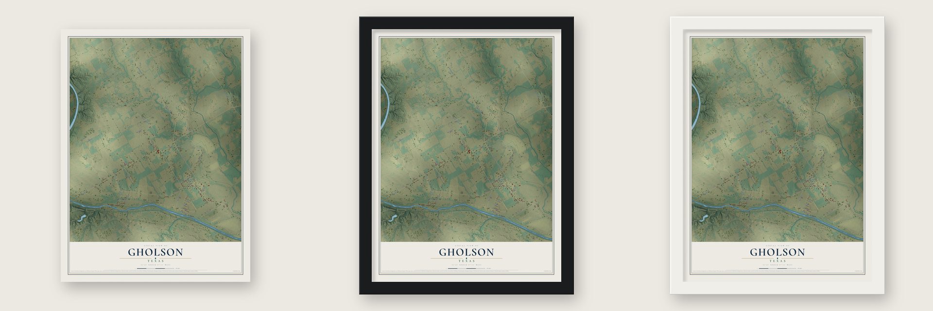 Gholson, Texas map unframed, in a black wood frame and in a white wood frame
