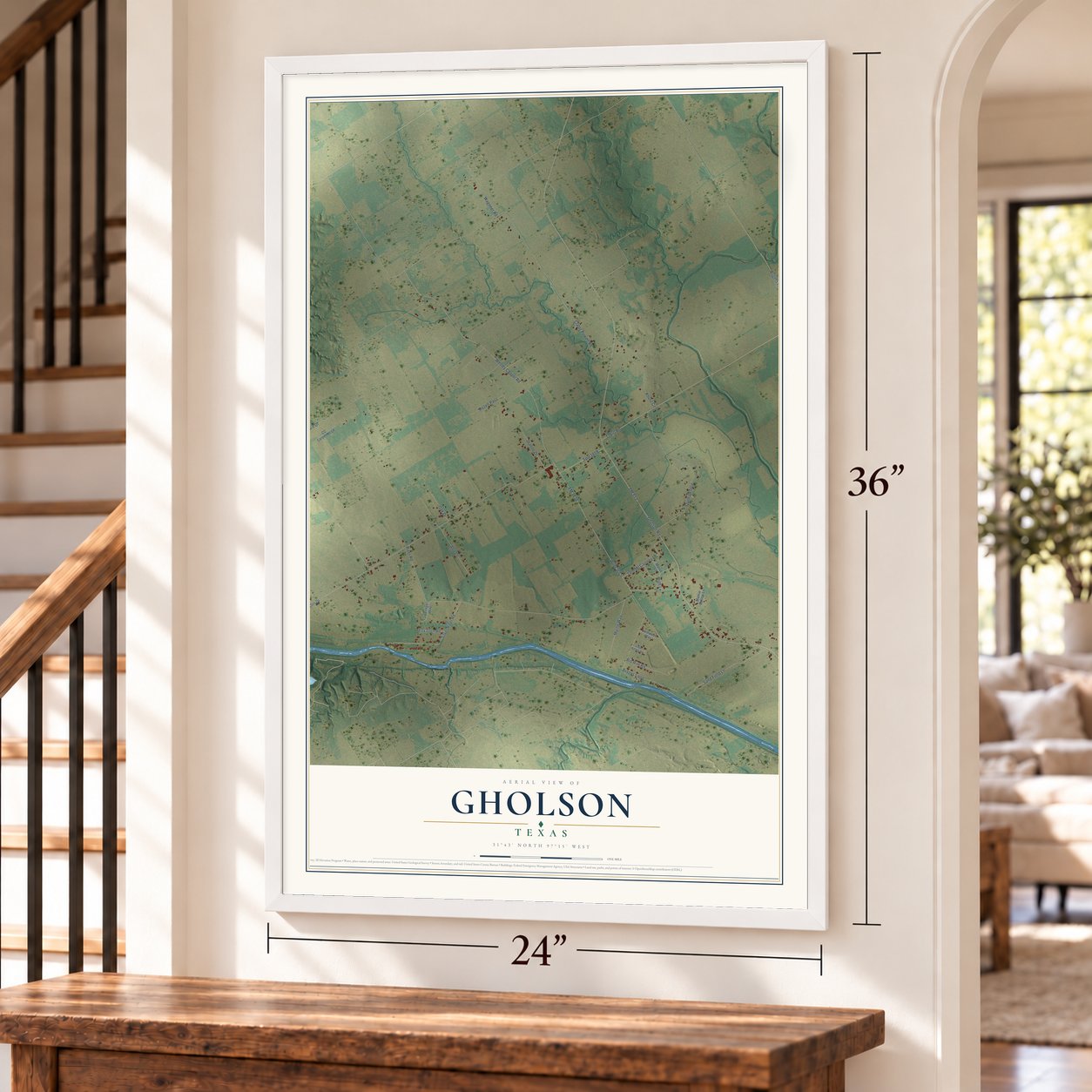 Gholson, Texas map, 24 x 36 inch print in a white frame by a staircase