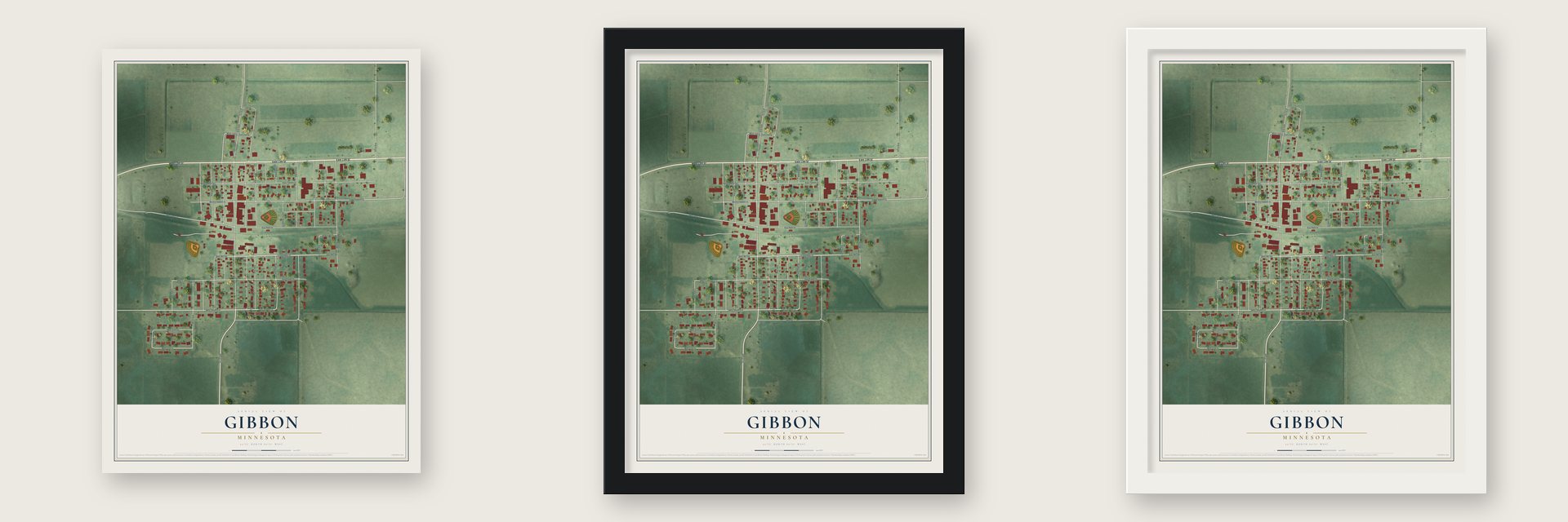 Gibbon, Minnesota map unframed, in a black wood frame and in a white wood frame