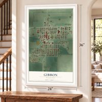Gibbon, Minnesota map, 24 x 36 inch print in a white frame by a staircase