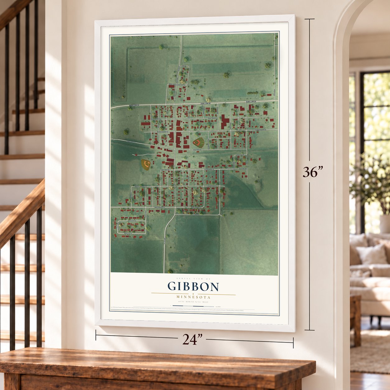 Gibbon, Minnesota map, 24 x 36 inch print in a white frame by a staircase