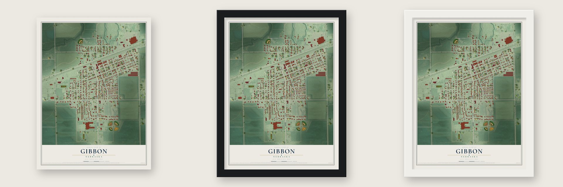 Gibbon, Nebraska map unframed, in a black wood frame and in a white wood frame