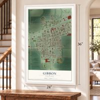 Gibbon, Nebraska map, 24 x 36 inch print in a white frame by a staircase