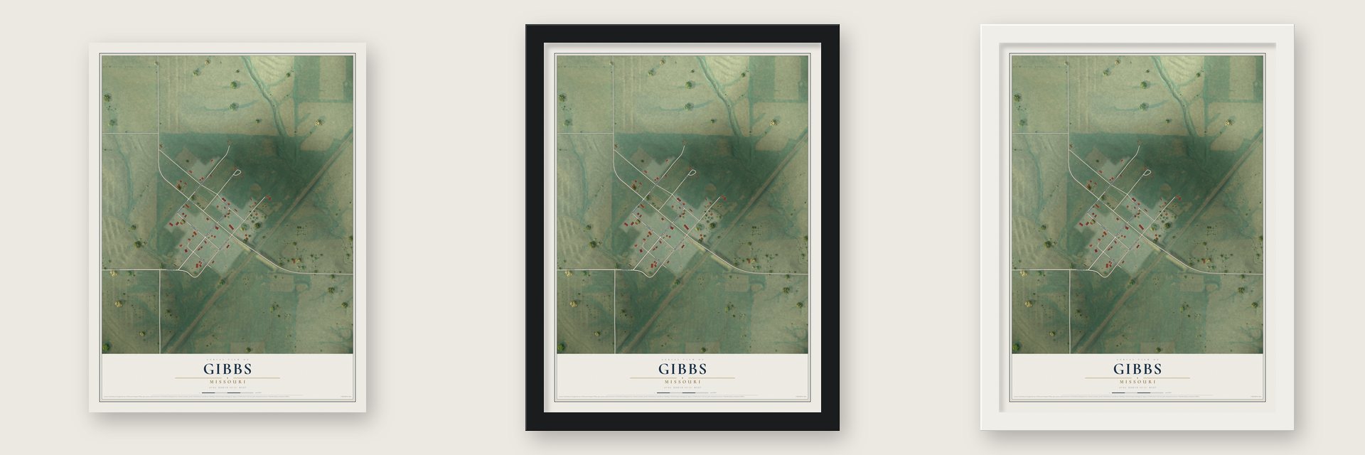 Gibbs, Missouri map unframed, in a black wood frame and in a white wood frame