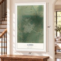 Gibbs, Missouri map, 24 x 36 inch print in a white frame by a staircase