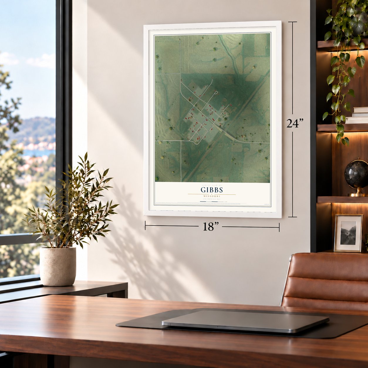 Gibbs, Missouri map, 18 x 24 inch print in a white frame in a home office