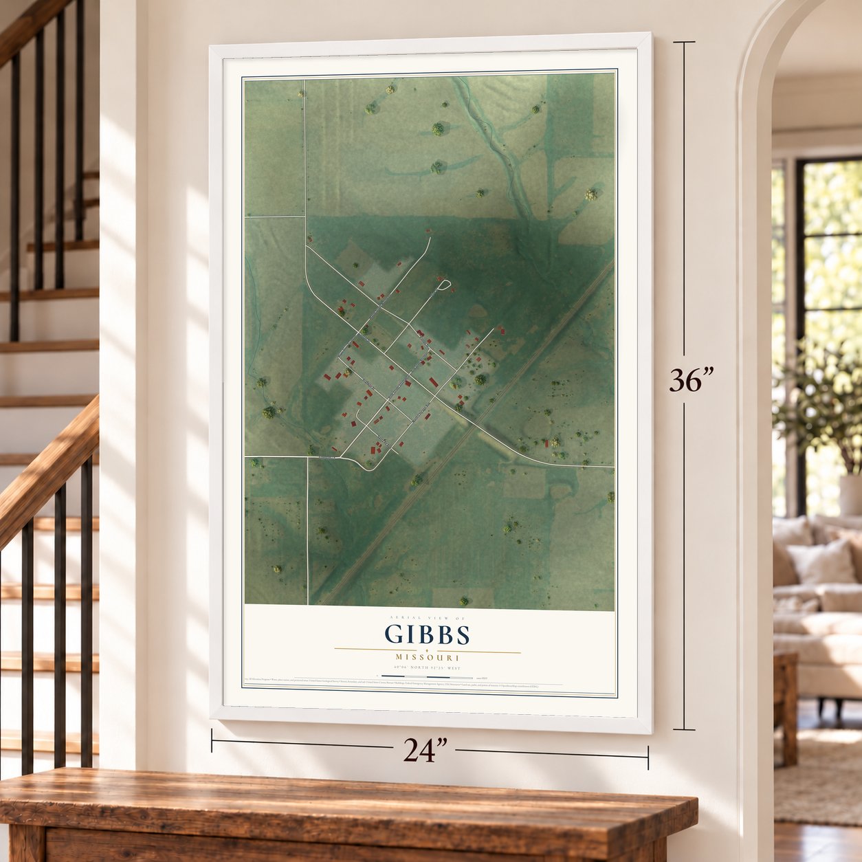Gibbs, Missouri map, 24 x 36 inch print in a white frame by a staircase